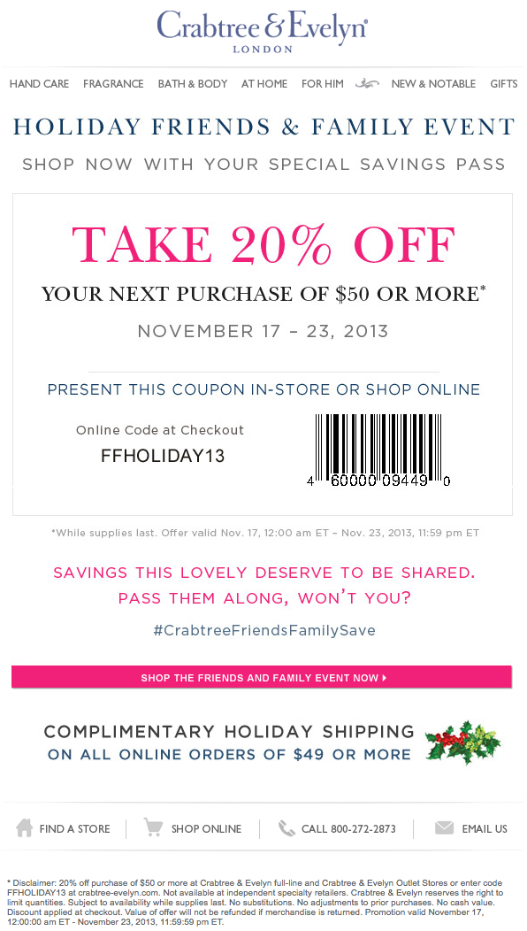Crabtree & Evelyn: 20% off $50 Printable Coupon