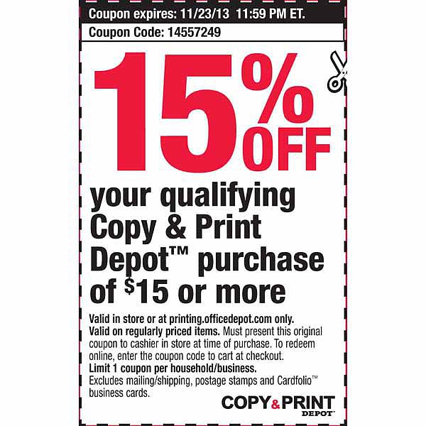Office Depot: 15% off Copy & Print Printable Coupon