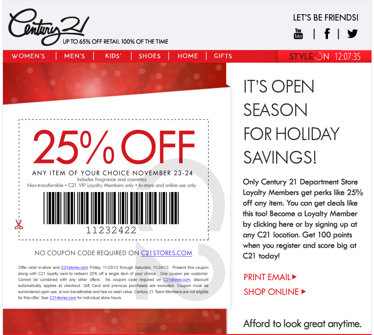 Century 21 Department Store: 25% off Printable Coupon