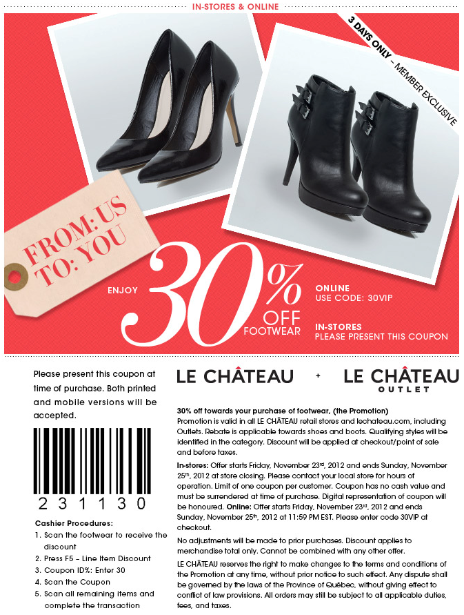 Le Chateau: 30% off Footwear Printable Coupon