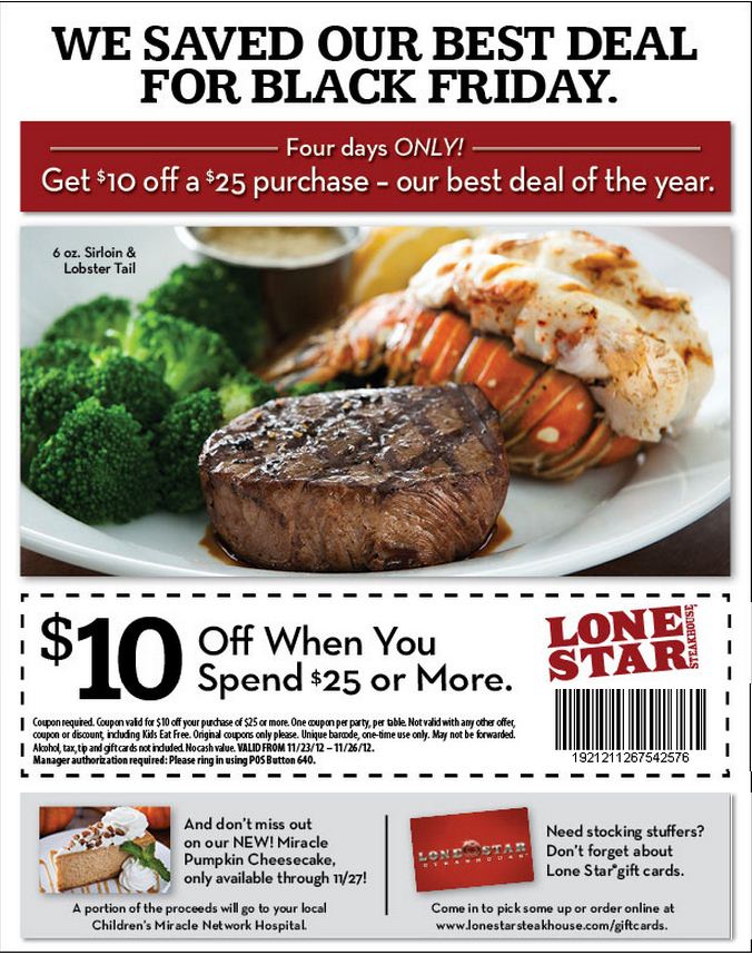 Lone Star Steakhouse: $10 off $25 Printable Coupon