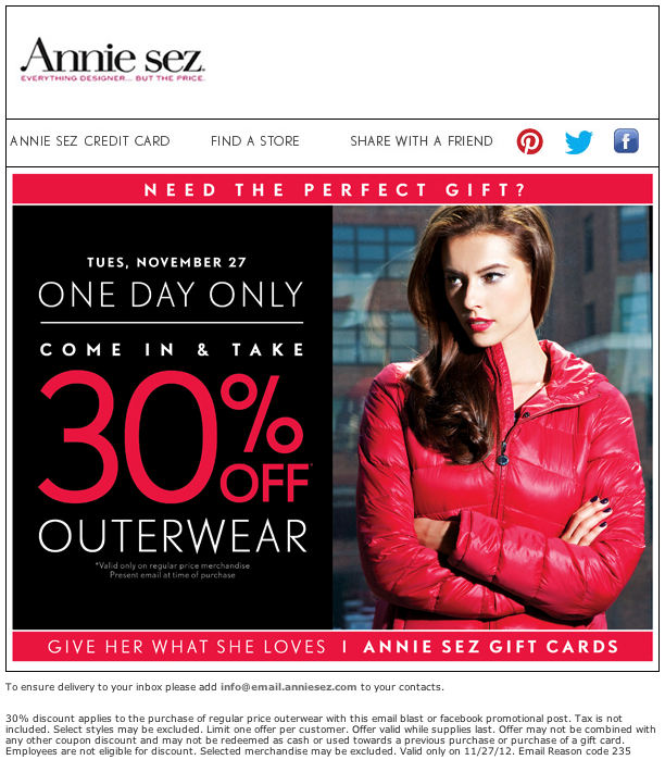 Annie Sez: 30% off Outerwear Printable Coupon