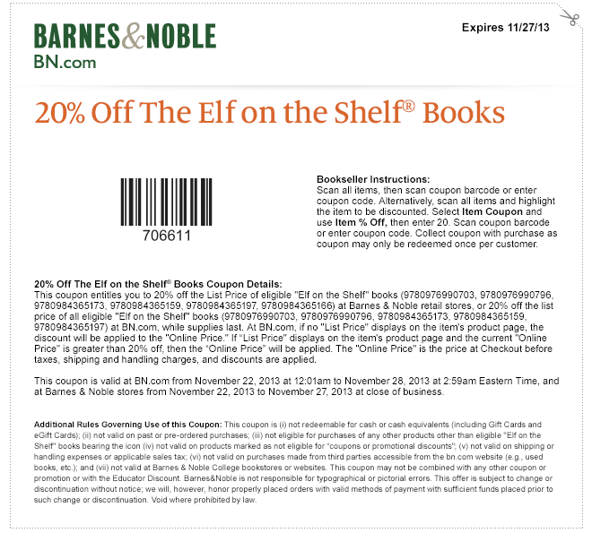Barnes & Noble: 20% off Elf Books Printable Coupon