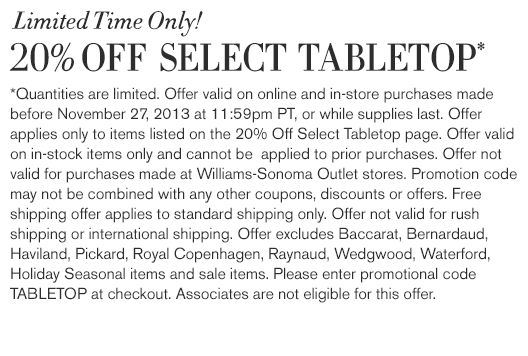 Williams-Sonoma: 20% off Tabletop Items Printable Coupon
