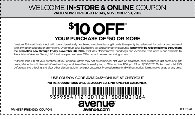 Avenue: $10 off $50 Printable Coupon