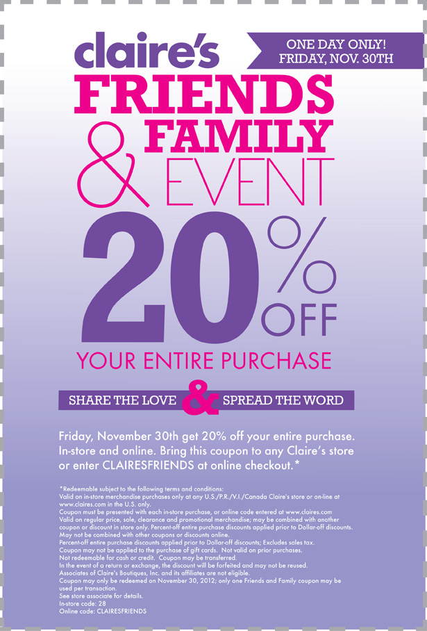 Claire's: 20% off Printable Coupon