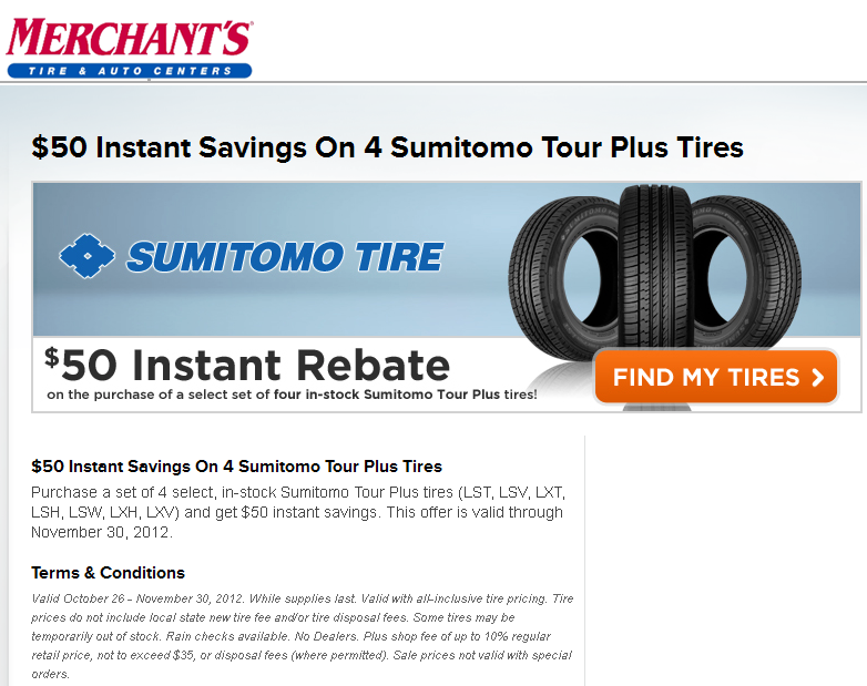 Merchant's Tire & Auto Centers: $50 off Sumitomo Tires Printable Coupon