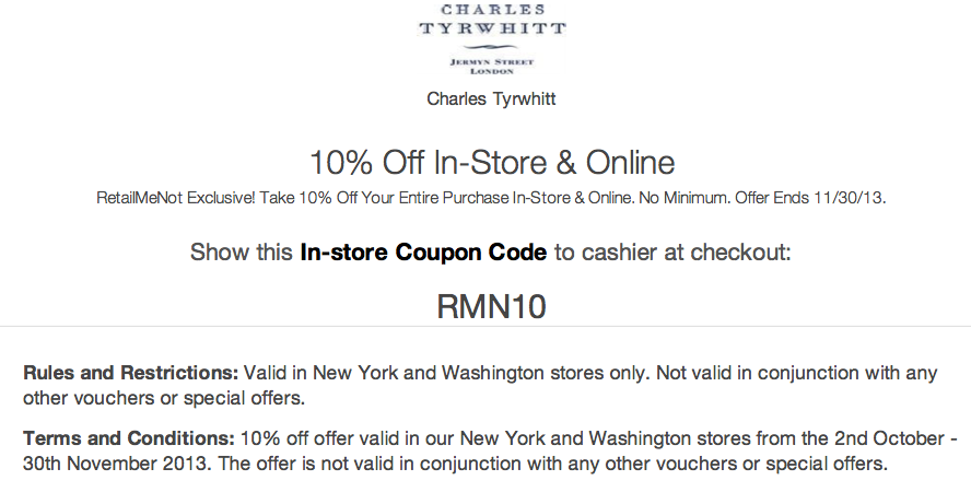 Charles Tyrwhitt Promo Coupon Codes and Printable Coupons