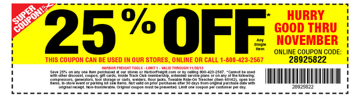 Harbor Freight Tools: 25% off Item Printable Coupon