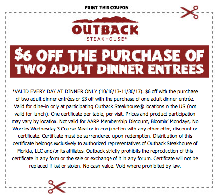 Outback Steakhouse: $6 off Entrees Printable Coupon