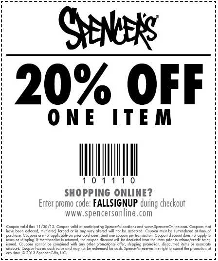 Spencer's Gifts: 20% off Item Printable Coupon