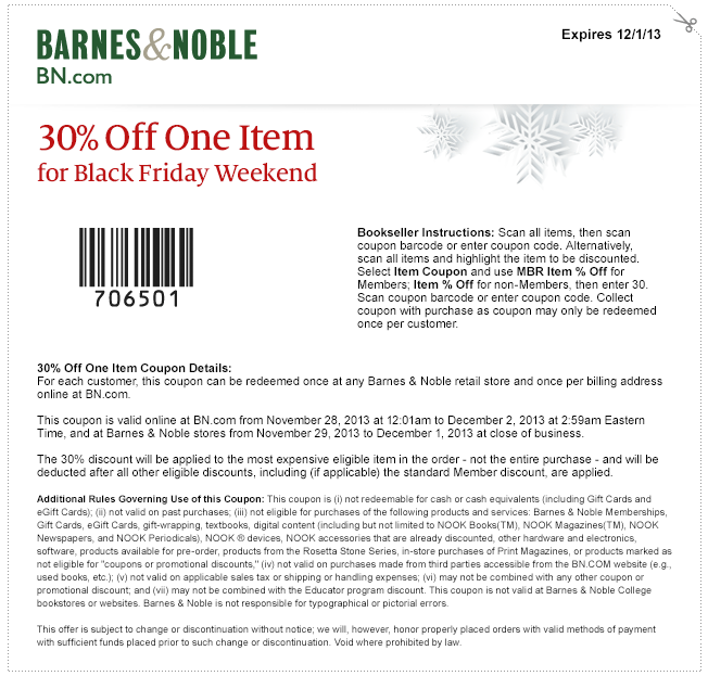 Barnes & Noble: 30% off Item Printable Coupon