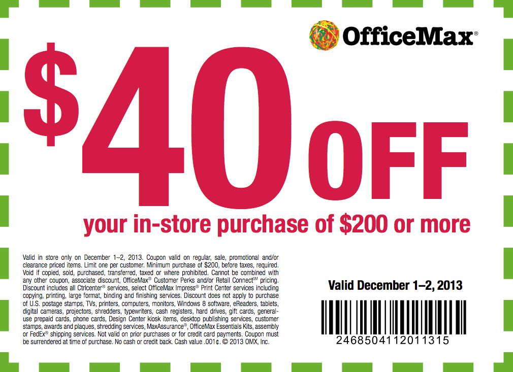 OfficeMax: $40 off $200 Printable Coupon