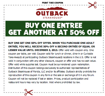 Outback Steakhouse: BOGO 50% off Printable Coupon