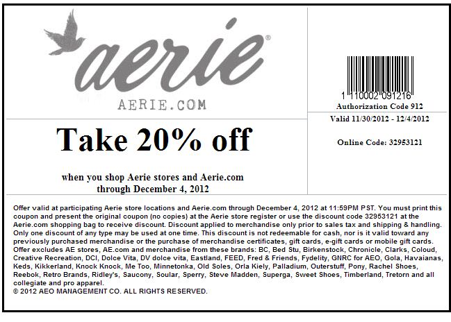 aerie: 20% off Printable Coupon