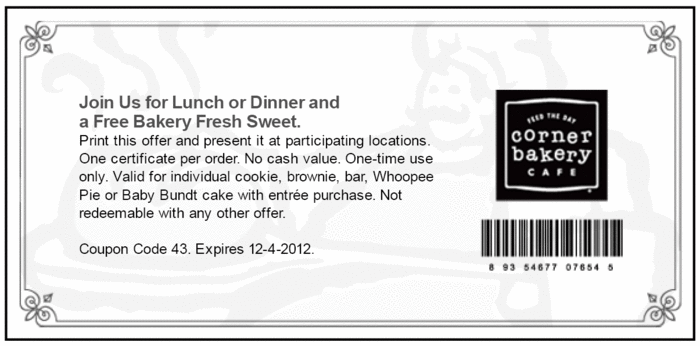 Corner Bakery Cafe Promo Coupon Codes and Printable Coupons
