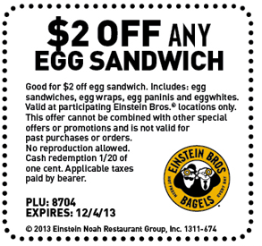 Einstein Bros Bagels: $2 off Egg Sandwich Printable Coupon