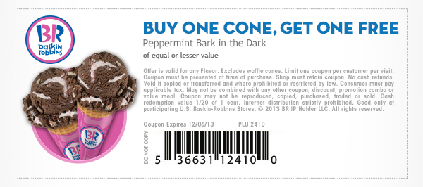 Baskin Robbins: BOGO Free Cone Printable Coupon