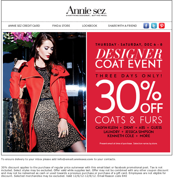 Annie Sez: 30% off Coats Printable Coupon
