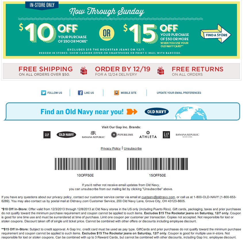 Old Navy: $10-$15 off Printable Coupon