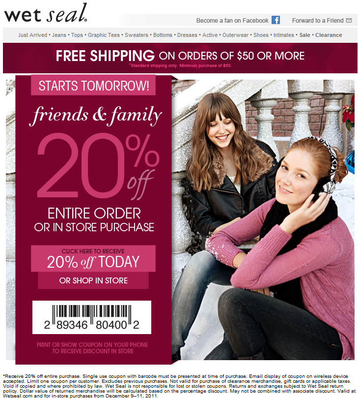 Wet Seal: 20% off Printable Coupon
