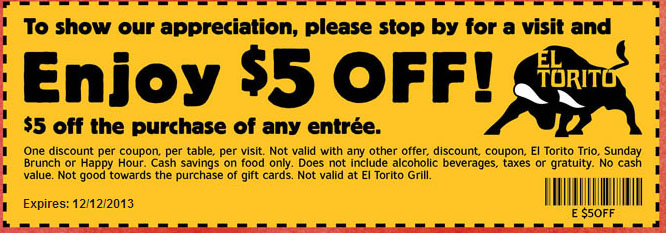 El Torito Mexican Restaurant Promo Coupon Codes and Printable Coupons