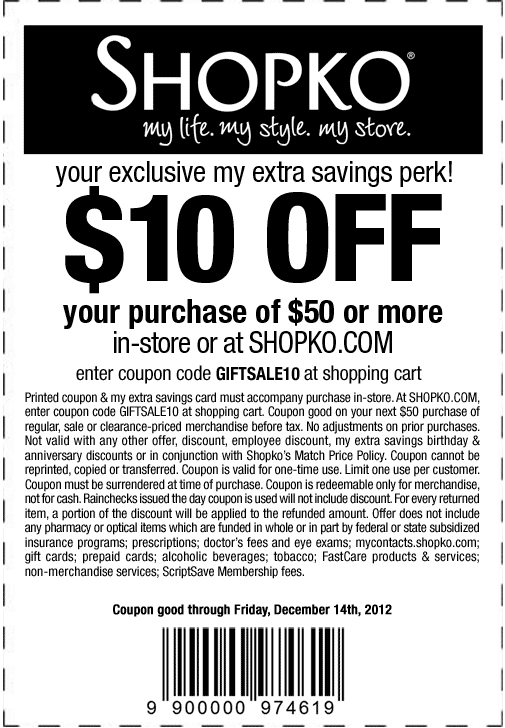 Shopko: $10 off $50 Printable Coupon