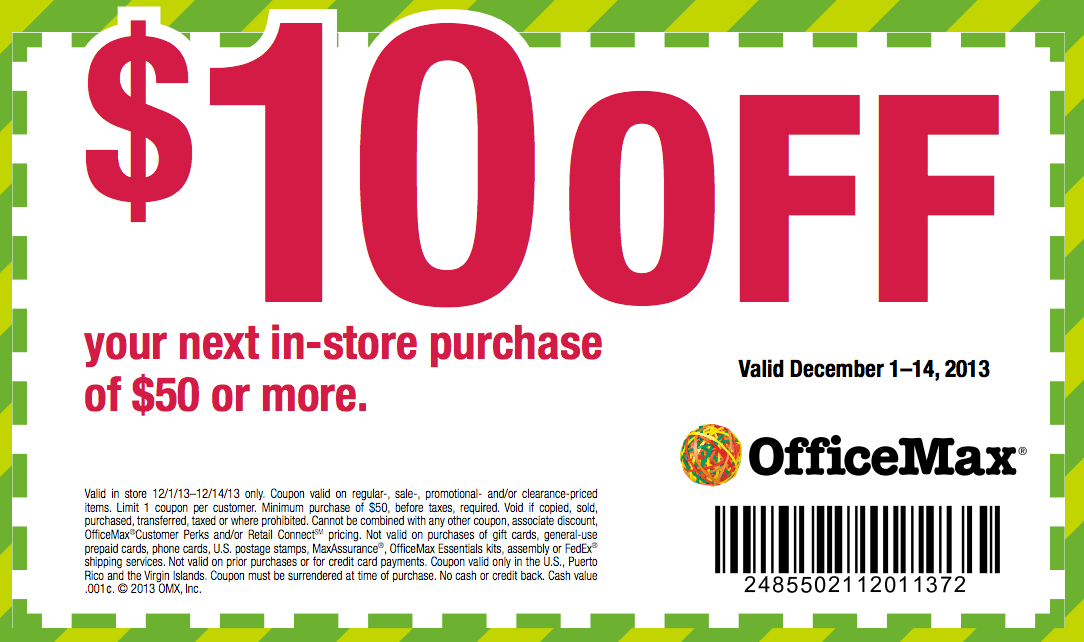 OfficeMax: $10 off $50 Printable Coupon