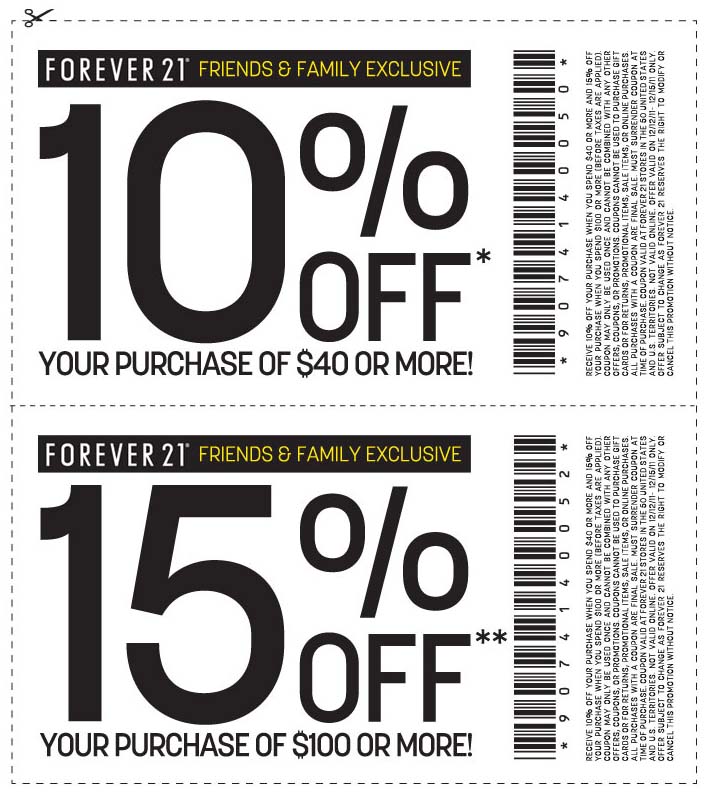 Forever 21: 10%-15% off Printable Coupon