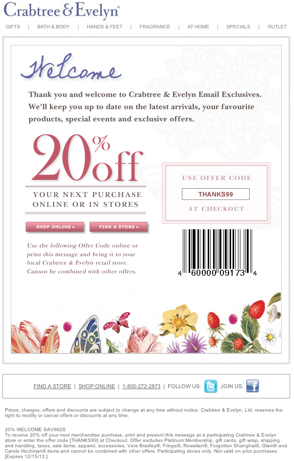 Crabtree & Evelyn: 20% off Printable Coupon