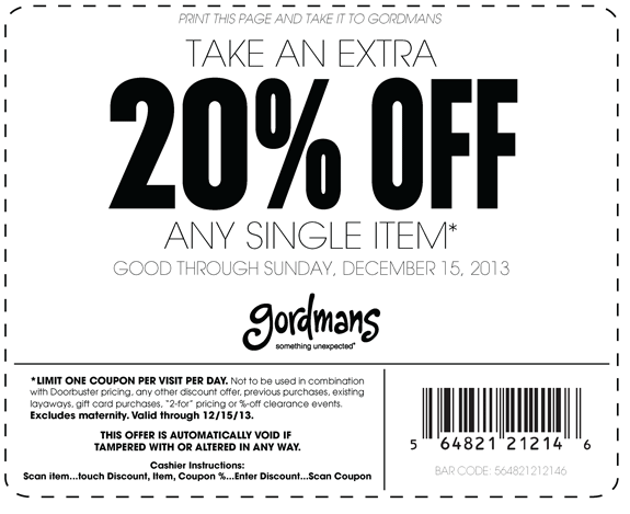 Gordmans: 20% off Item Printable Coupon