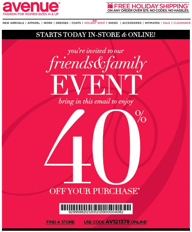 Avenue Promo Coupon Codes and Printable Coupons