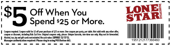 Lone Star Steakhouse: $5 off $25 Printable Coupon