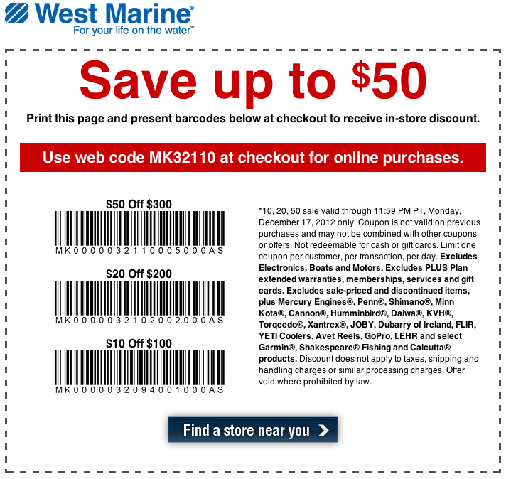 West Marine: $10-$50 off Printable Coupon