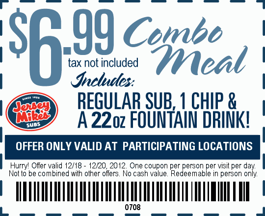 Jersey Mike's Subs: $6.99 Combo meal Printable Coupon