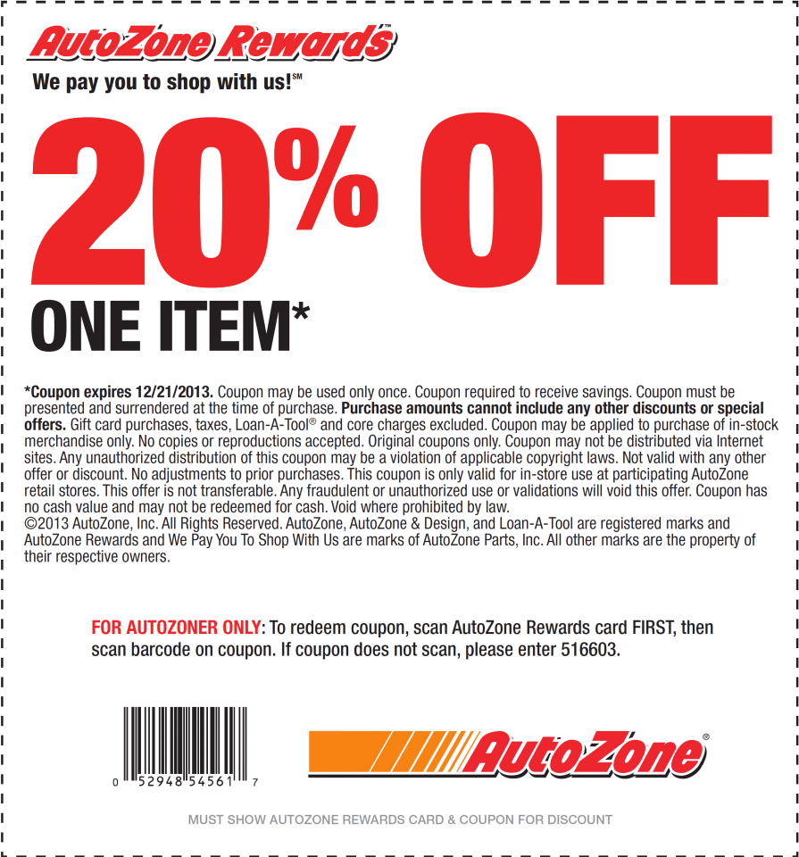 AutoZone: 20% off Item Printable Coupon