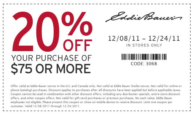 Eddie Bauer: 20% off $75 Printable Coupon