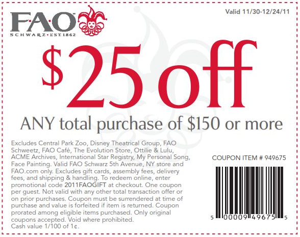FAO: $25 off $150 Printable Coupon