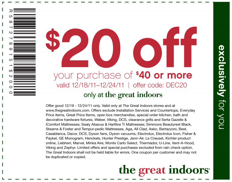 The Great Indoors: $20 off Printable Coupon