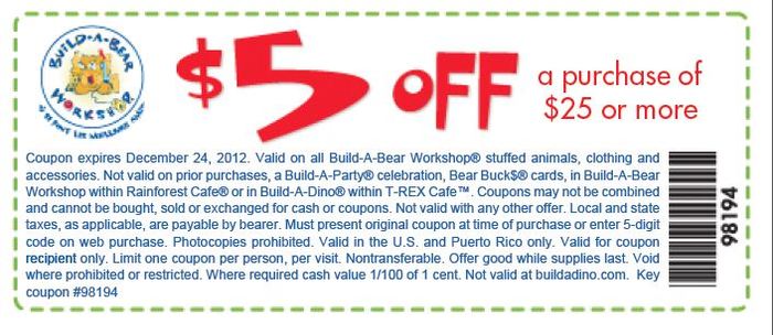Build-A-Bear: $5 off $25 Printable Coupon