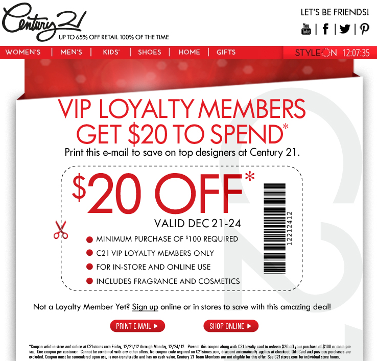 Century 21 Department Store: $20 off $100 Printable Coupon