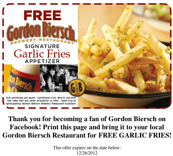 Gordon Biersch: Free Garlic Fries Printable Coupon
