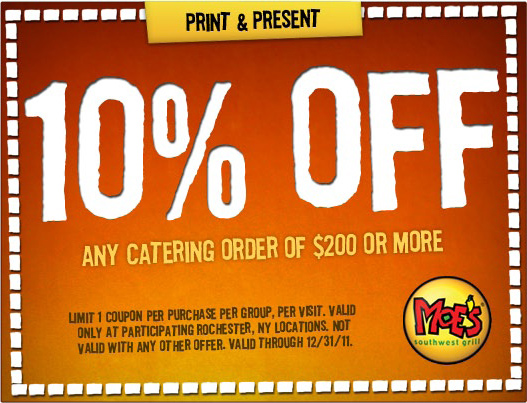 Moe's Southwest Grill: 10% off $200 Catering Printable Coupon