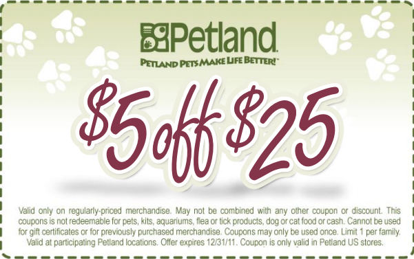 Petland: $5 off $25 Printable Coupon
