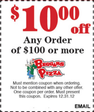 Beggars Pizza: $10 off $100 Printable Coupon