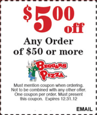 Beggars Pizza: $5 off $50 Printable Coupon