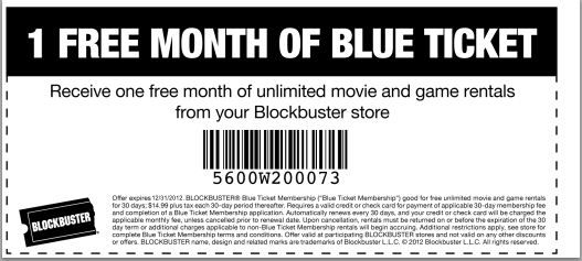 Blockbuster: Free Month of Blue Ticket Printable Coupon