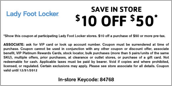 Lady Foot Locker: $10 off $50 Printable Coupon