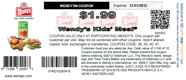 Wendys: $1.99 Kids' Meal Printable Coupon