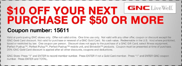 GNC: $10 off $50 Printable Coupon